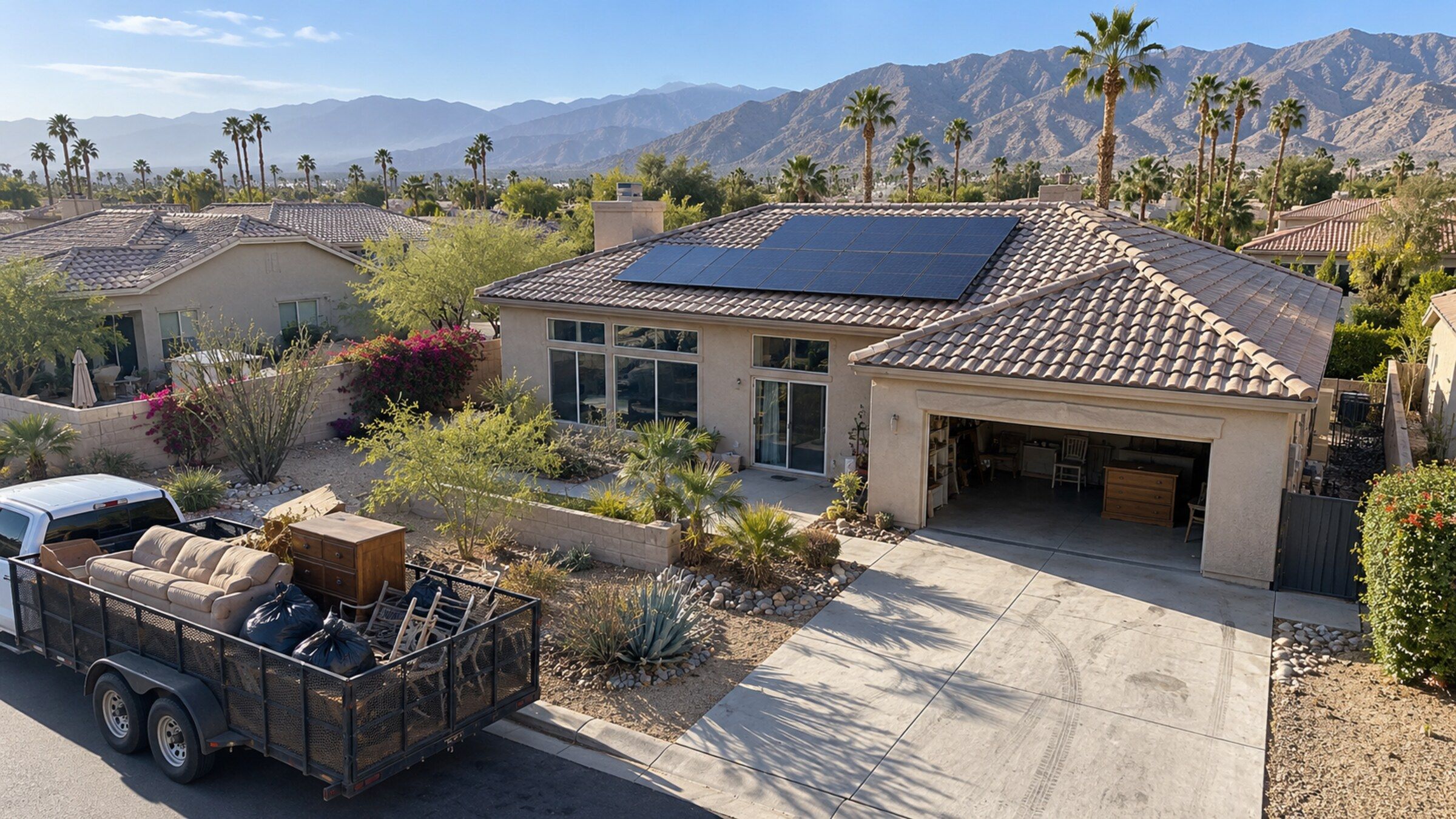 Aerial view of a tile-roof stucco home with rooftop solar panels, front windows, a concrete driveway and a pickup towing a trailer loaded for haul-away