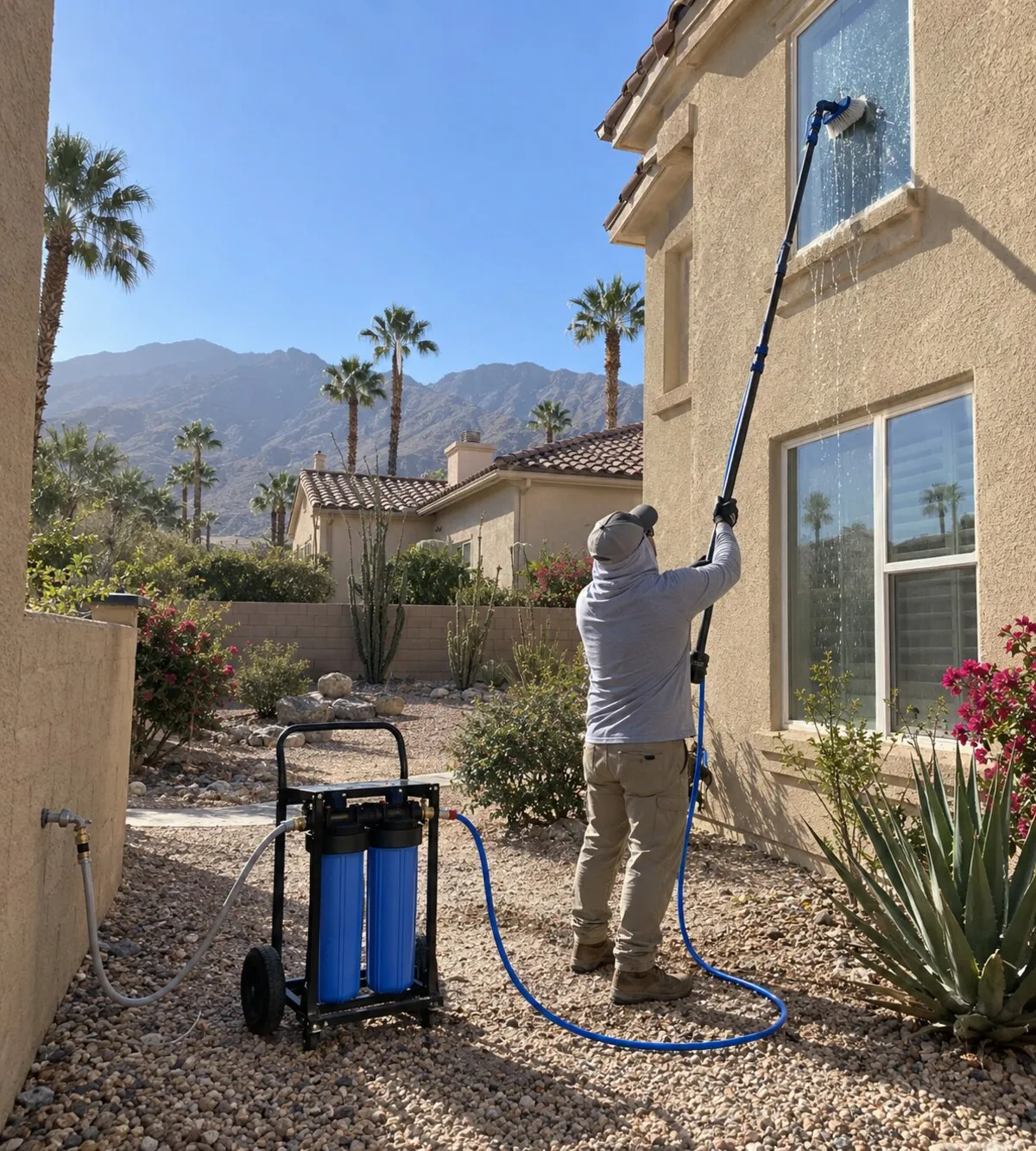 A worker on the ground cleaning a second-story window with a water-fed pole, a pure-water filter cart beside them